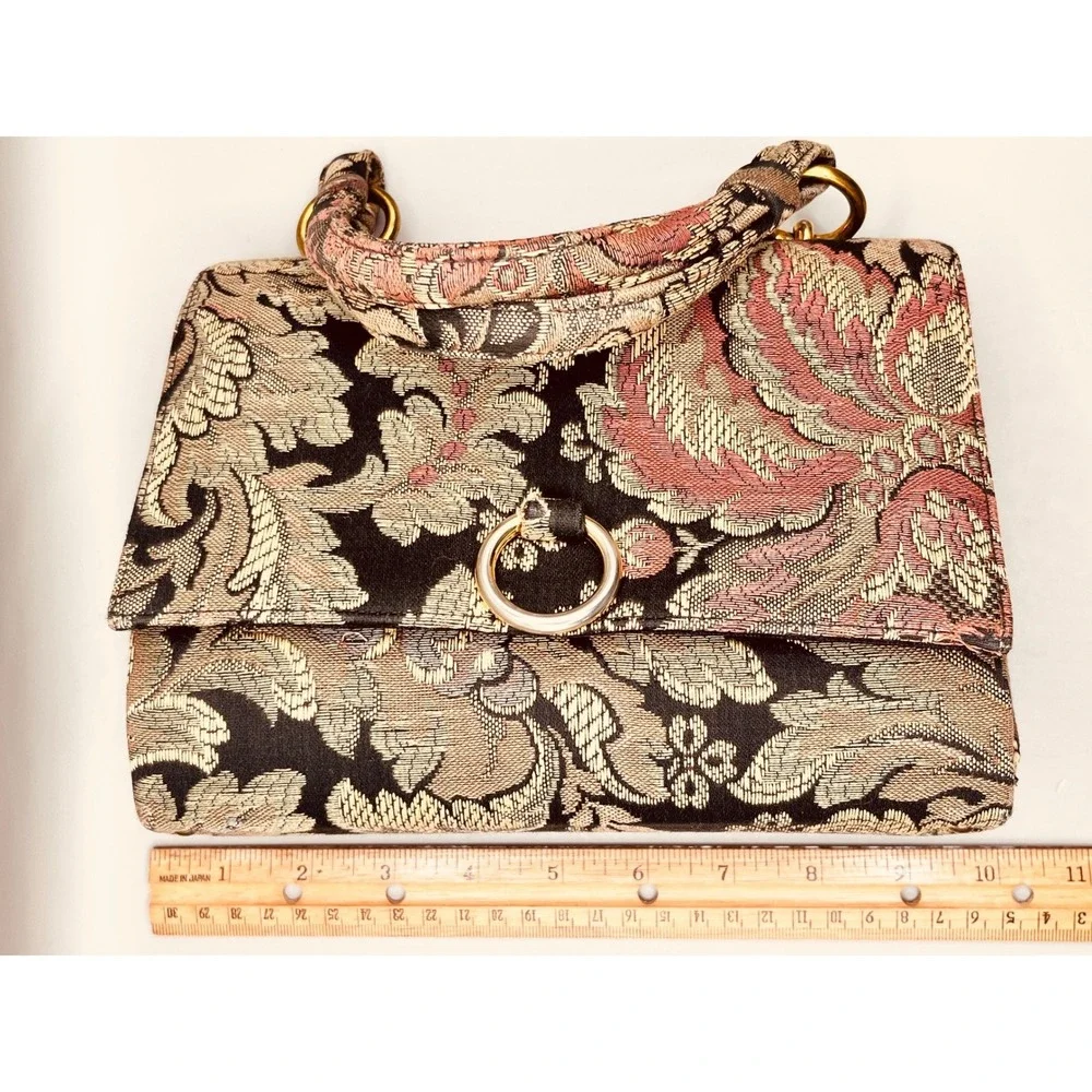 Vtg Floral Tapestry Handbag Gold Ring Top Handle Brocade Satchel Black 6